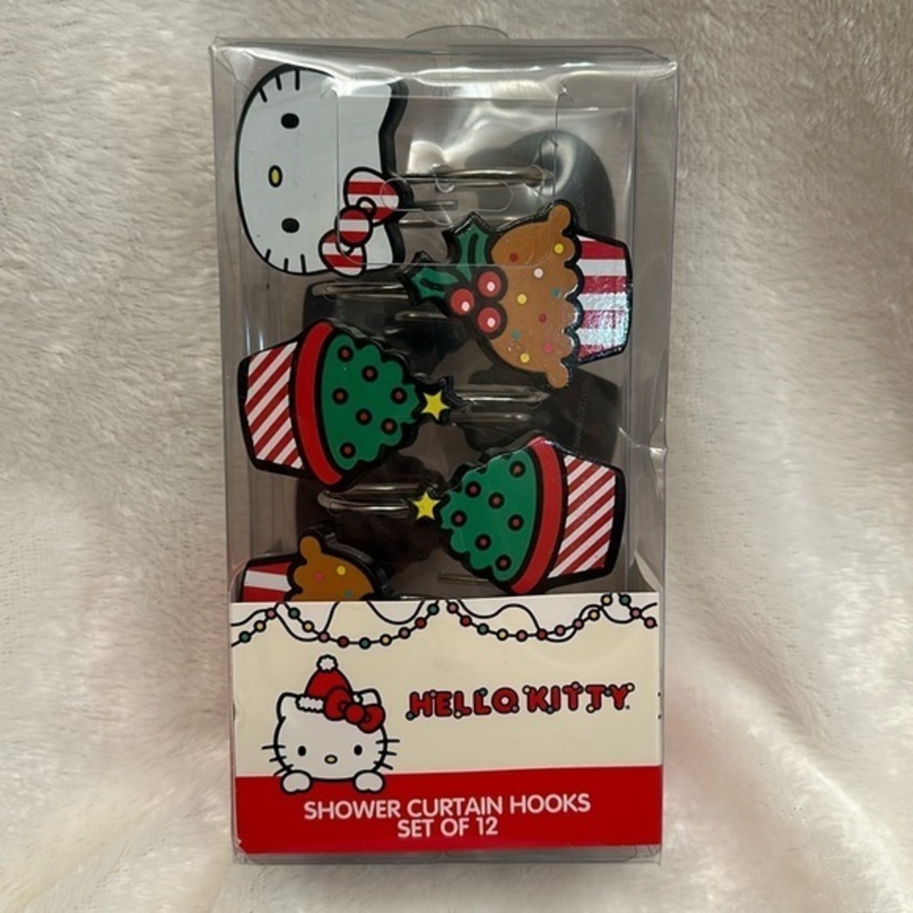 Hello Kitty Christmas Winter Holiday Cupcake Shower Curtain Hooks Set Of 12 New